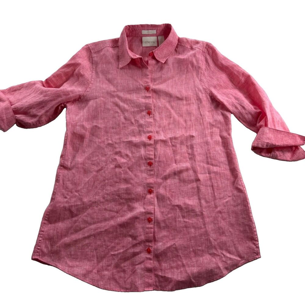 Chico's Sz 0 4 100% Linen Blouse Tunic Button Up Pink 3/4 Sleeve No-iron Coastal